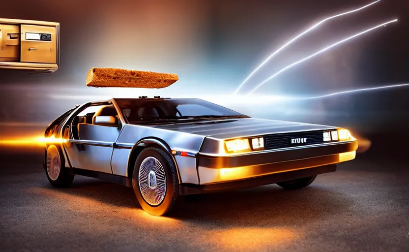 Image similar to a time-traveling delorean styled toaster with toast, bread inserted into slot, glowing heating coils, stainless steel, professional product shot, magazine ad