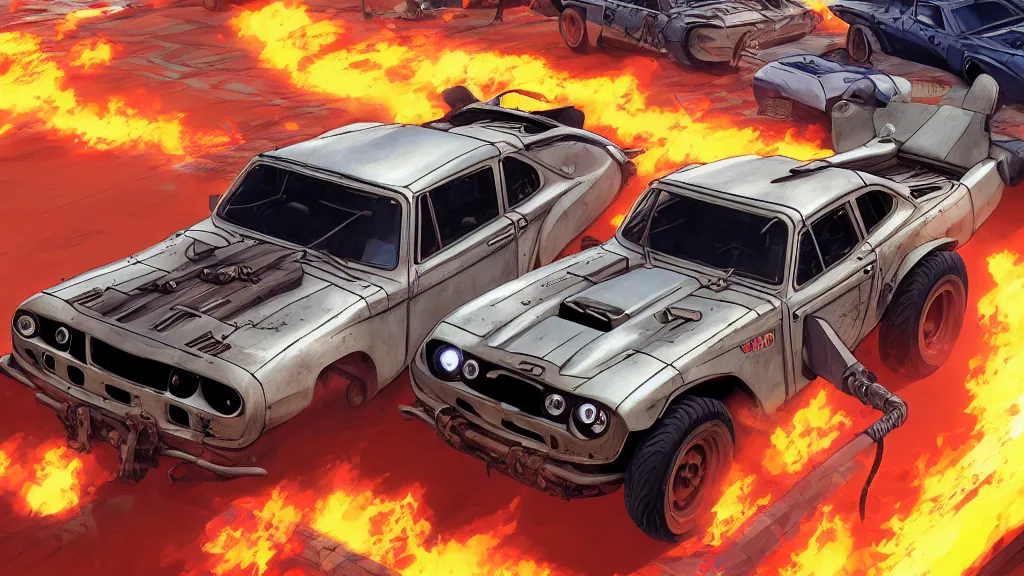 Image similar to anime illustration of mad max's fj 4 0 pursuit special, the last v 8 interceptor driving down to the gates of valhalla highway, riding fury road eternal shiny and chrome, world of fire and blood, by makoto shinkai, ilya kuvshinov, lois van baarle, rossdraws, basquiat, global illumination ray tracing hdr