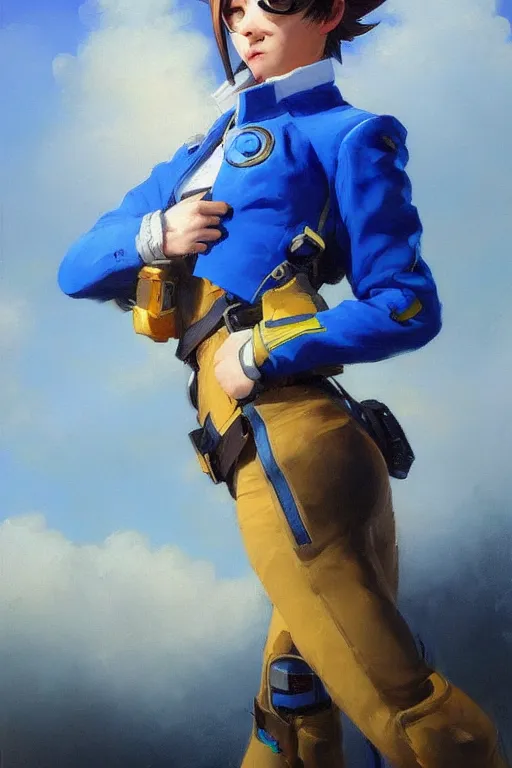 Image similar to oil painting of tracer overwatch in a field wearing blue uniform, in style of ivan aivazovsky, expressive face, detailed face, detailed eyes, full body, feminine face, tracer overwatch,