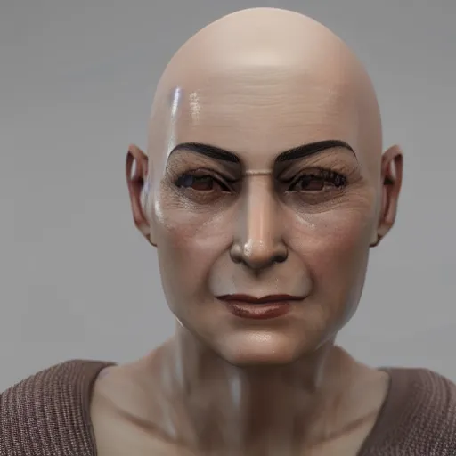 Image similar to a close up of a bald woman with olive skin, a character portrait by Eve Ryder, cgsociety, photorealism, unreal engine 5, unreal engine, prerendered graphics