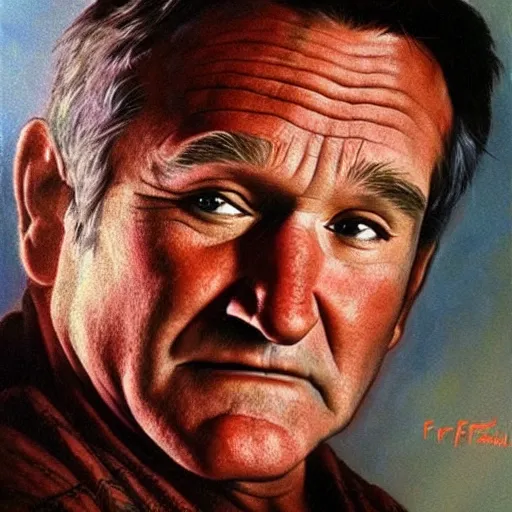 Image similar to ultra realistic portrait painting of robin williams, art by frank frazetta, 4 k, ultra realistic, highly detailed, epic lighting