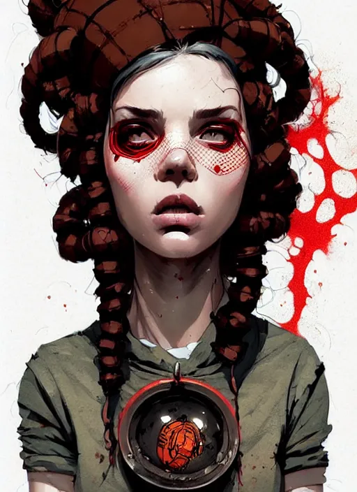 Image similar to highly detailed portrait of a sewer punk lady, tartan hoody, ringlet hair by atey ghailan, by greg rutkowski, by greg tocchini, by james gilleard, by joe fenton, by kaethe butcher, gradient red, brown, cream and white color scheme, grunge aesthetic!!! ( ( graffiti tag wall background ) )