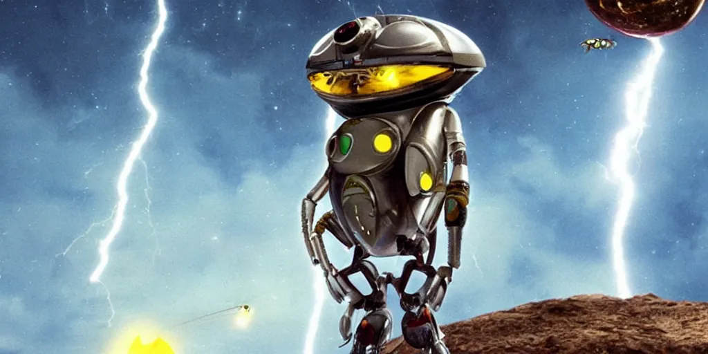 Image similar to lightning bug descendant 1 million in the future is a quadruped with big eyes. the bug wears a spacesuit, and explores the cosmos in a bug - shaped spaceship. science fiction blockbuster movie bugs save the planet or the love bug from saturn, up ( film, 2 0 0 9 )
