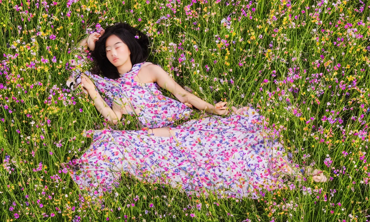 Prompt: a beautiful young Asian woman lying in a field of wildflowers, wearing a sun dress, portrait, dreamy