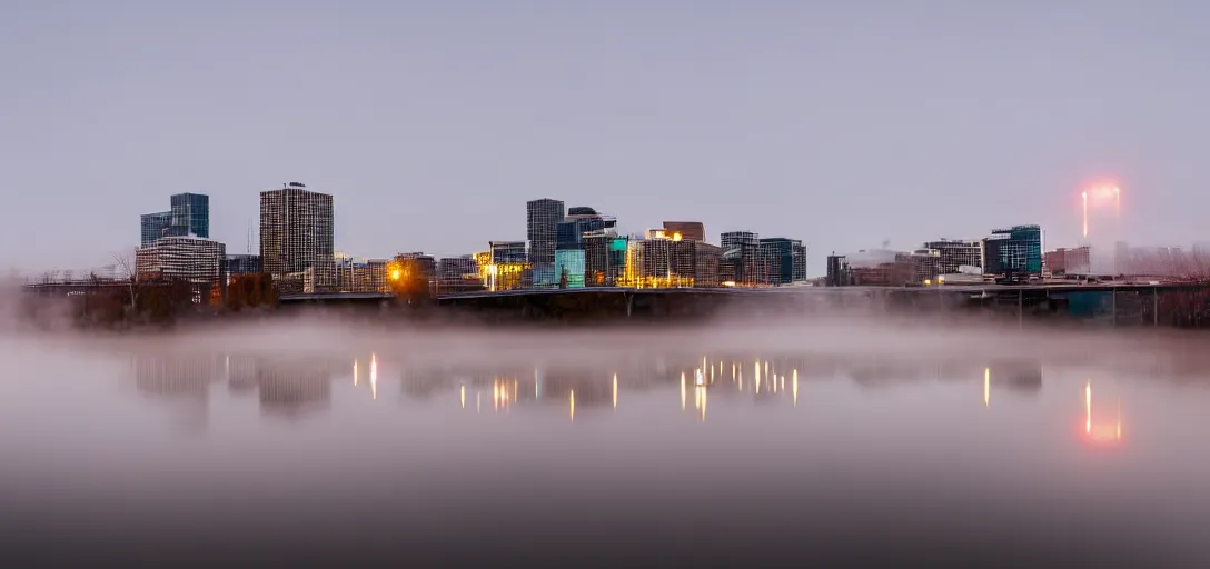 Prompt: low-angle photo of city of Edmonton Alberta, boat sailing underneath Walterdale bridge, fog, volumetric light, specular highlights on water, dusk, sigma 24mm f8