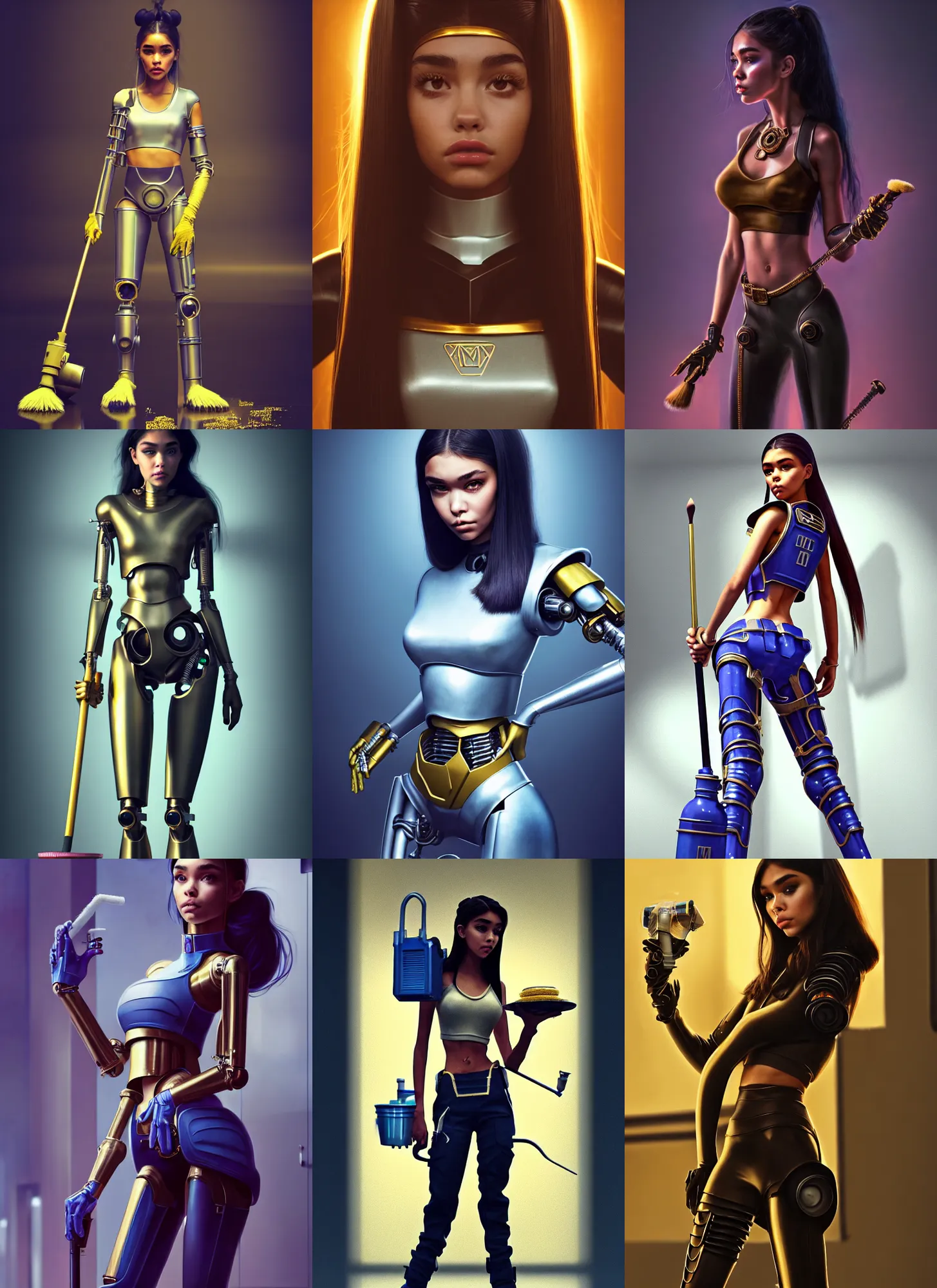 Prompt: madison beer as a janitor cyborg | jewelry, makeup, midriff | glamorous oily soft polished rich alluring ornate modern | weta disney movie still photo | hi - fructose, sci fi fantasy, golden ratio, smooth, octane render, sharp focus, artstation, concept art | artgerm, feng zhu, rhads, loish |