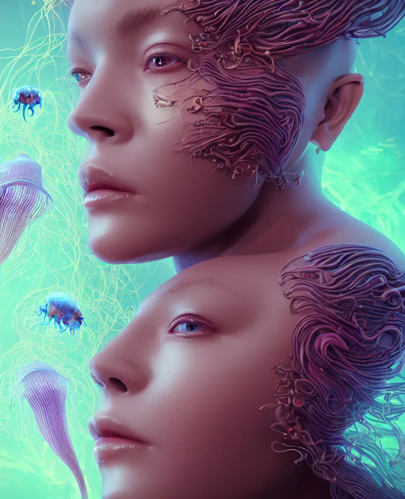 Image similar to goddess close-up portrait. orchid jellyfish phoenix head, nautilus, skull, betta fish, bioluminiscent creatures, intricate artwork by Tooth Wu and wlop and beeple. octane render, trending on artstation, greg rutkowski very coherent symmetrical artwork. cinematic, hyper realism, high detail, octane render, 8k