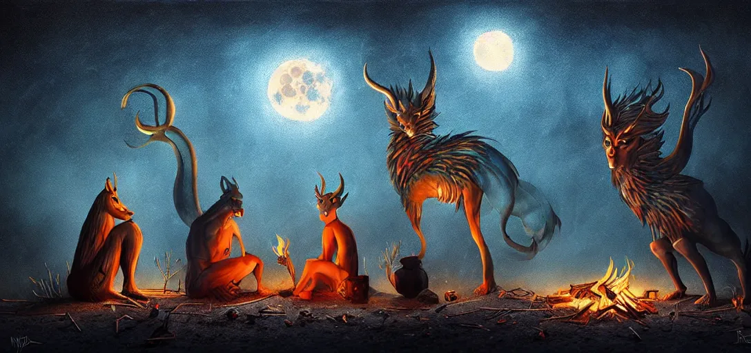 Image similar to strange mythical beasts of sitting around a fire under a full moon, surreal dark uncanny painting by ronny khalil