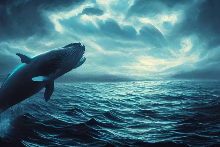 Prompt: whale swimming through clouds, cinematic lighting, bioluminescent, dan mumford, artgerm, greg rutkowski