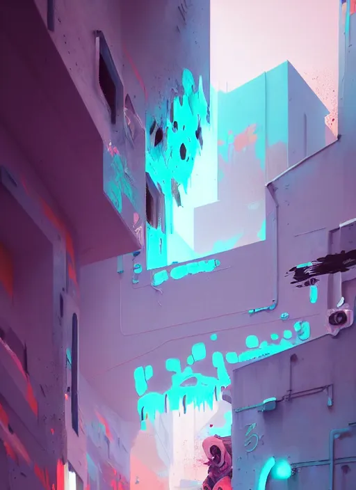 Image similar to matte painting extreme offset 3 d calligraphy graffiti mural dripping paint wall extreme explosive maximalism by atey ghailan, by greg rutkowski, by greg tocchini, by james gilliard, by joe fenton, pink, brown, black and light blue color scheme, octane render