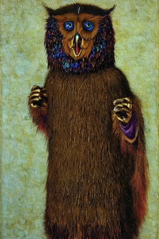 Image similar to portrait of humanoid iridescent blue owlbear wearing a loose tunic. an anthropomorphic owlbear. fantasy, oil painting by jan van eyck, northern renaissance art, oil on canvas, wet - on - wet technique, realistic, expressive emotions, intricate textures, illusionistic detail