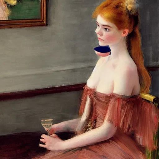 Prompt: elle fanning holding a martini, extremely detailed masterpiece, illustration, by william merritt chase,