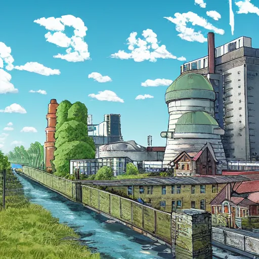 Image similar to battersea and chernobyl in the style of studio ghibli, beautiful landscape, intense lighting, 8k, trending on artstation