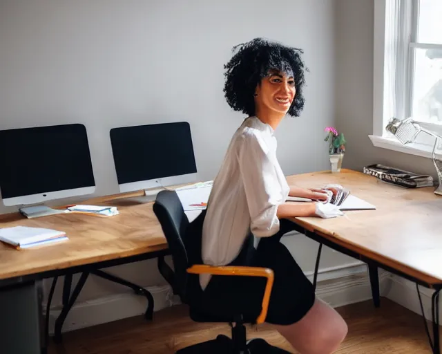 Prompt: wide shot of social media manager sitting at her desk