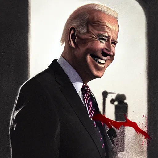 Image similar to joe biden smiling with blood in his face while behind him the world is burning, dramatic lighting, cinematic, establishing shot, extremly high detail, photorealistic, cinematic lighting, artstation, style by James Gurney