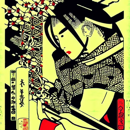 Image similar to japanese cyberpunk silk screen by utagawa yoshiiku, ohara koson, pixiv contest winner, cyberpunk style, cyberpunk color scheme, japanpunk, ( ( neon ) )