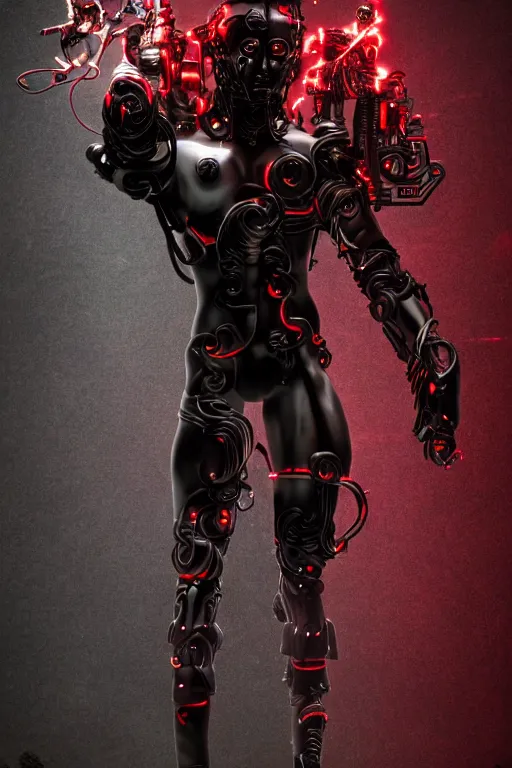 Image similar to full-body cyberpunk style sculpture of a young handsome dark god of battle, half android with a head opening exposing circuitry, glowing red eyes, black roses, flowing blood-red colored silk, fabric, candles. baroque elements, genetically augmented cyborg male. full-length view. baroque element. intricate artwork by caravaggio. Trending on artstation, octane render, cinematic lighting from the right, very very very very long curly blond hair, hyper realism, octane render, 8k, depth of field, 3D