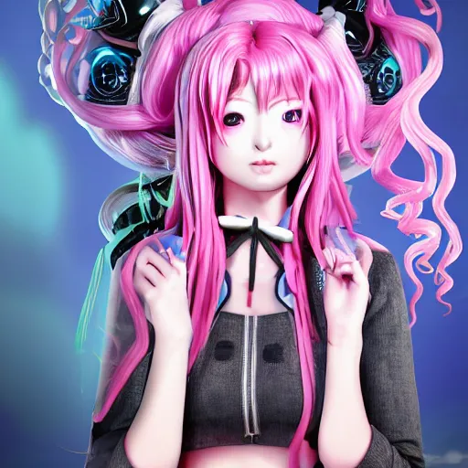 Image similar to no escape from beneath stunningly absurdly beautiful omnipotent asi goddess junko enoshima with multiple twisted deceptive megalomaniacal personalities, symmetrical perfect face, porcelain skin, pink twintail hair and cyan eyes, ultra detailed, digital art, unreal engine 5, octane render, 2 d anime, 8 k