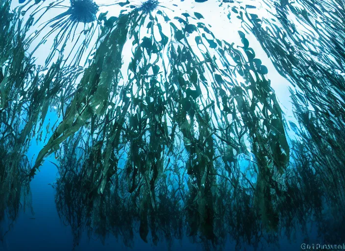 Image similar to underwater kelp forest beneath the ice of europa, award winning photograph