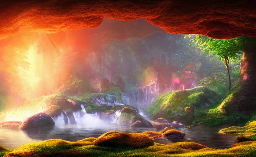 Image similar to a beautiful and stunning professional digital artwork of a humongous mushroom cave, haze, waterfall, lake, spores in the air, volumetric lighting, hyperrealistic, sunset, rtx on, ultra detail