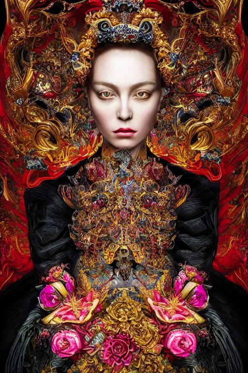 Image similar to hyper-realistic ultra-detailed maximalist and dramatic elegant luxury beautiful young empress portrait by igor goryunov and heidi taillefer inspired by andrei riabovitchev and patricio clarey Rendered by binx.ly 8k. Generative art. Fantastic realism. Scifi feel. Extremely Ornated. Intricate and omnious. Tools used: Blender Cinema4d Houdini3d zbrush. Unreal engine 5 Cinematic. Beautifully lit. No background. artstation. Deviantart. CGsociety.