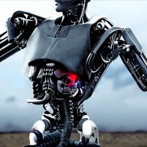 Image similar to a terminator android dressed as a cowboy, 8 k, movie still, high detail