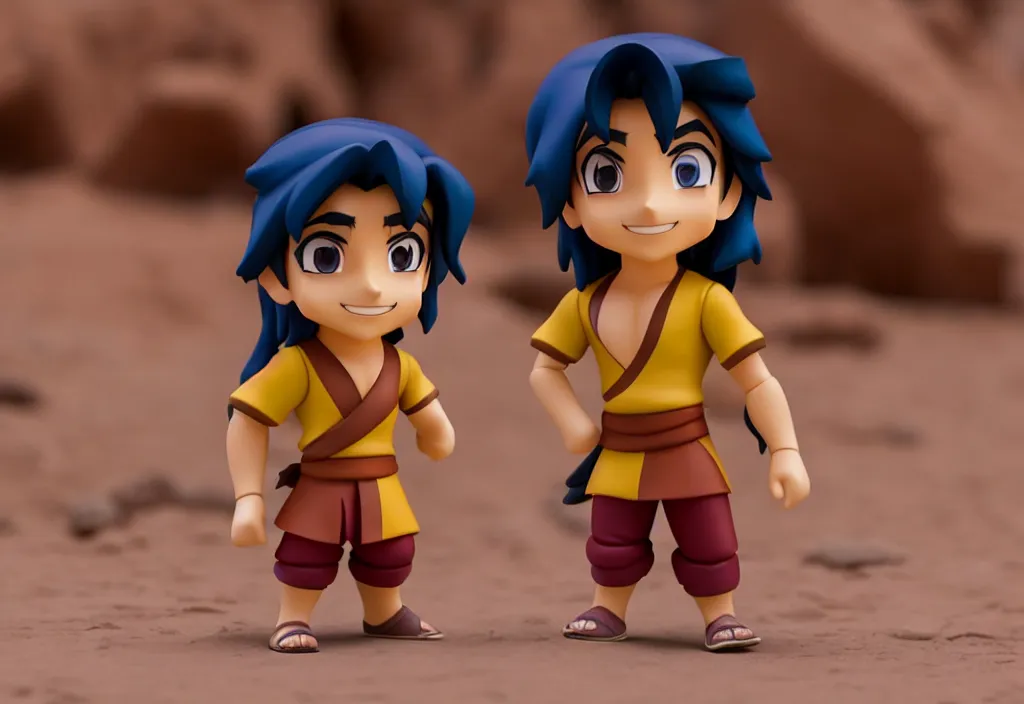 Image similar to side view of young aladdin of disney movie as nendoroid running in desert village, 8 k hd dof, kodak film,