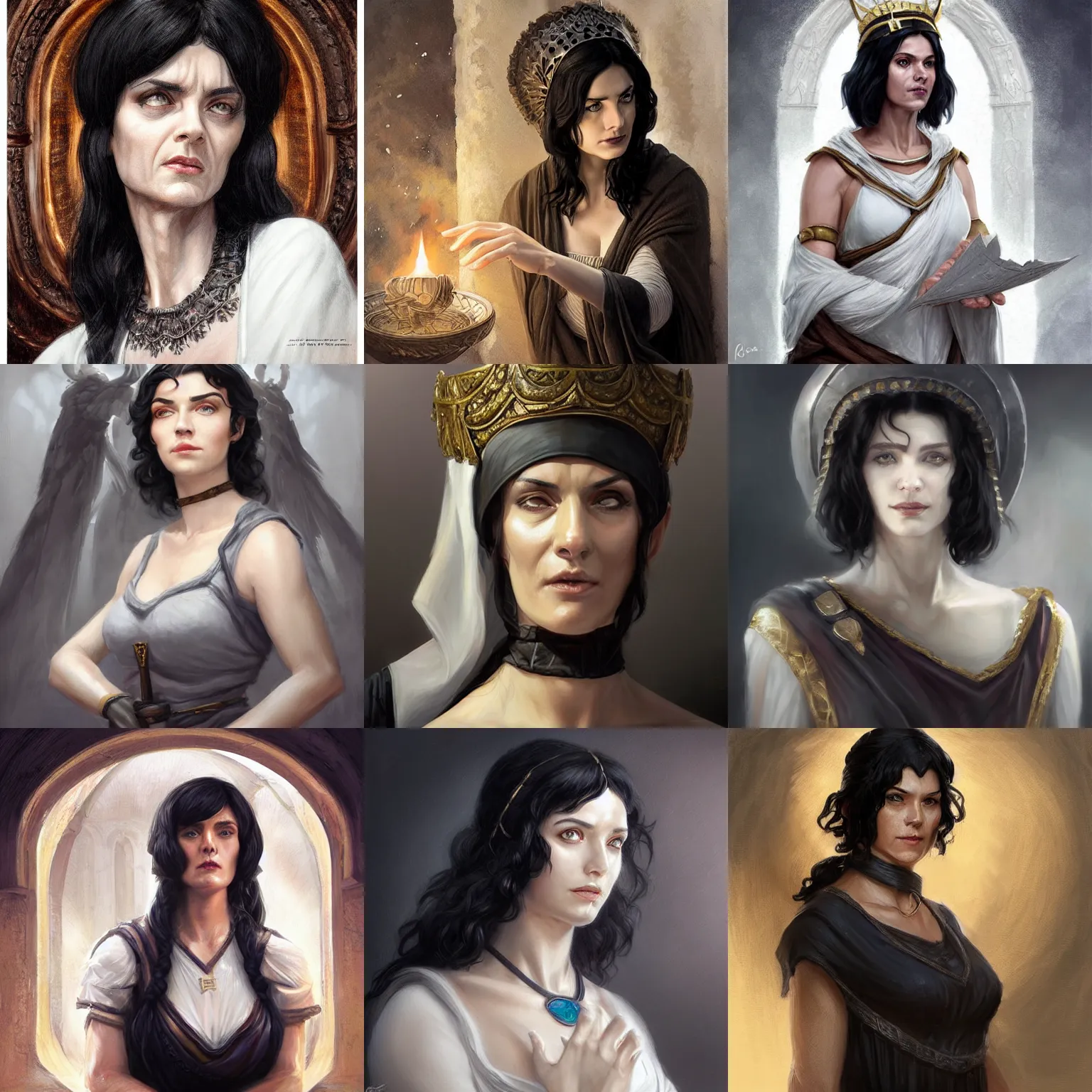 Prompt: hestia, helen mcrory, elderly greek hearth goddess, black hair, white tunic, d & d, fantasy, portrait, highly detailed, headshot, digital painting, trending on artstation, concept art, sharp focus, illustration, art by artgerm and greg rutkowski and magali villeneuve