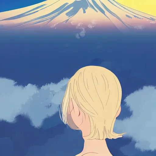 Image similar to a beautiful blond silver hair young woman standing on top of mount fuji in the style of Studio Ghibli and Makoto Shinkai