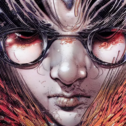 Image similar to closeup of face melting, by yoichi hatakenaka, masamune shirow, josan gonzales and dan mumford, ayami kojima, takato yamamoto, karol bak