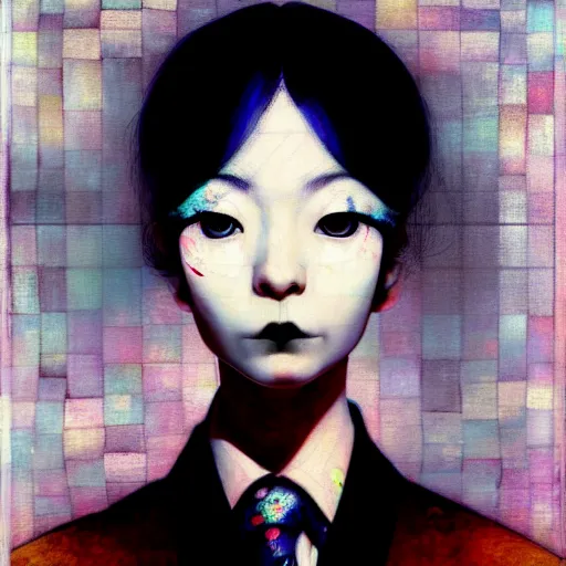 Image similar to yoshitaka amano blurred and dreamy realistic three quarter angle portrait of a young woman with black lipstick and black eyes wearing office suit with tie, junji ito abstract patterns in the background, satoshi kon anime, noisy film grain effect, highly detailed, renaissance oil painting, weird portrait angle, blurred lost edges