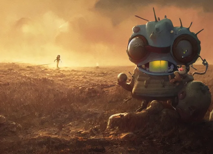 Prompt: close up cinematic artwork of spongebob SquarePants staring down the enemy on the battlefield by Greg Rutkowski, 4k, masterpiece