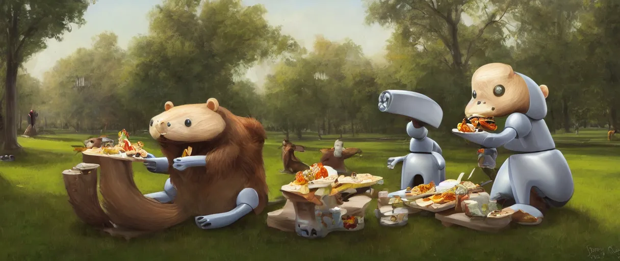 Prompt: a beautiful illustration of a strange anthropomorphic beaver robot hybrid having lunch in the park by James Jean | unreal engine:.6