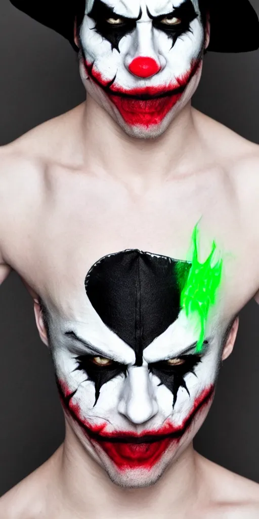 Image similar to a male model with glowing inferno eyes hat in joker makeup, frontal view, cool looking