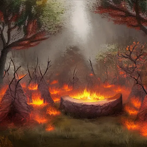 Image similar to concept art of a druidic village surrounded by trees made of obsidian and flames for leaves, dark fantasy, eerie, at dusk, slightly hazy, digital painting, large fire pit