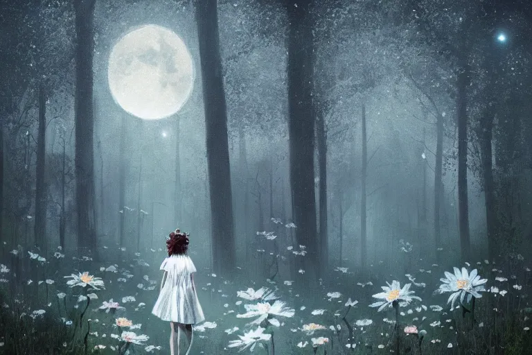 Prompt: giant white daisy flower head, girl walking in dark forest, surreal photography, dark night, stars, moon light, impressionist painting, clouds, digital painting, artstation, simon stalenhag