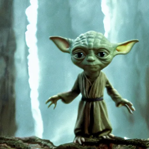 Prompt: A singular creature mix between Yoda and Gollum, center frame medium shot, shot on technicolor cinemascope 35mm anamorphic lense, flare, still from a movie