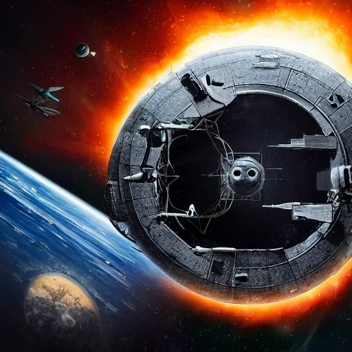 Image similar to a space junkyard forming a tilted disk in black starless space, a graveyard of space stations and giant space structures, dark sci - fi movie