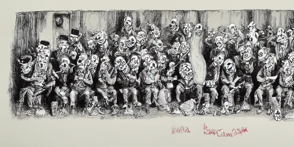Prompt: A beautiful pen and ink drawing of a congress made of clowns, by ralph steadman, red and black ink, on parchment, ultra detailed