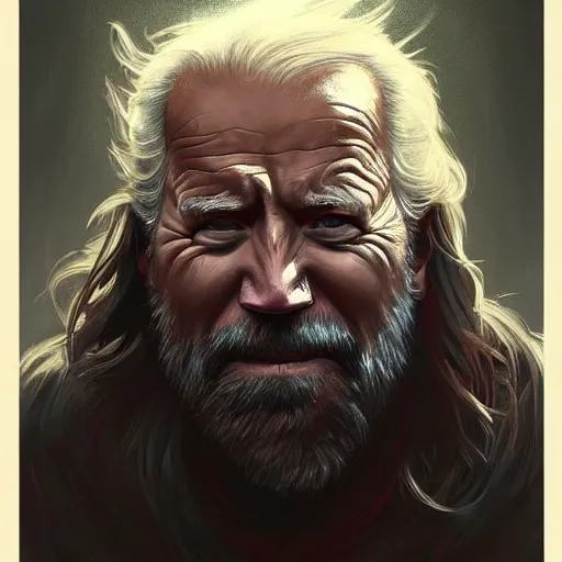 Image similar to Joe Biden as a dump looking caveman , colorful painting on grey scale face, powerful , magic, thunders, dramatic lighting, intricate, wild, highly detailed, digital painting, artstation, concept art, smooth, sharp focus, illustration, art by artgerm and greg rutkowski and alphonse mucha, footage