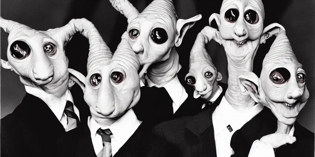 Image similar to six eyed dobby coneheads 1980s pop band, 1980s surrealism aesthetic, detailed facial expressions