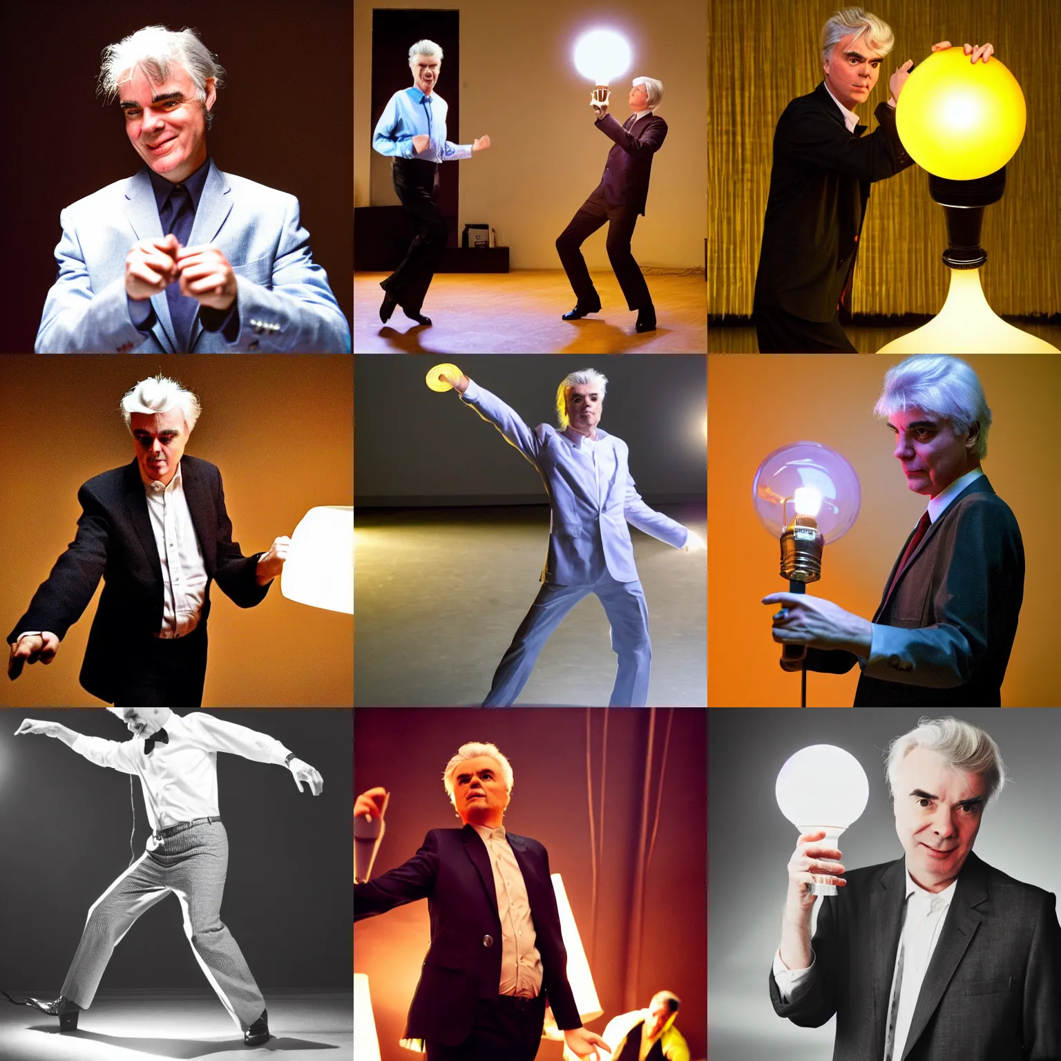 Prompt: David Byrne dancing with a lamp