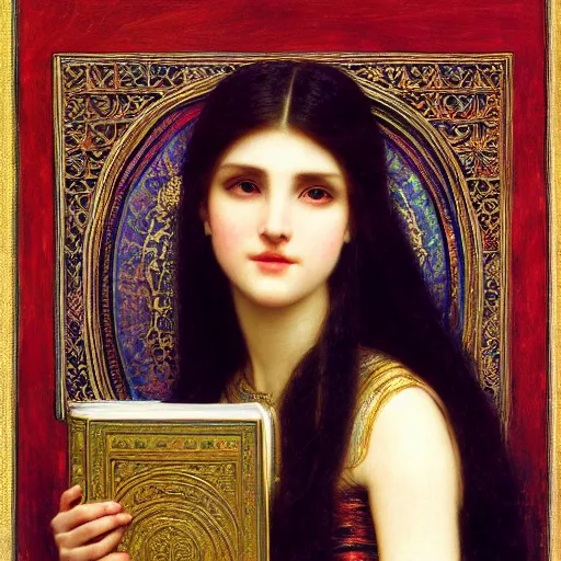 Image similar to orientalist portrait of a princess holding an iridescent eldritch tome intricate portrait by john william waterhouse Edwin Longsden Long and Theodore Ralli and Henryk Siemiradzki, very coherent symmetrical artwork. Cinematic, hyper realism, high detail 8k