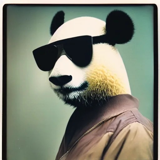 Image similar to grainy head to shoulder portrait polaroid film photograph of a panda in a mall wearing aviator shades. super resolution. surreal. extremely detailed. polaroid 6 0 0 film. by annie leibovitz and richard avedon