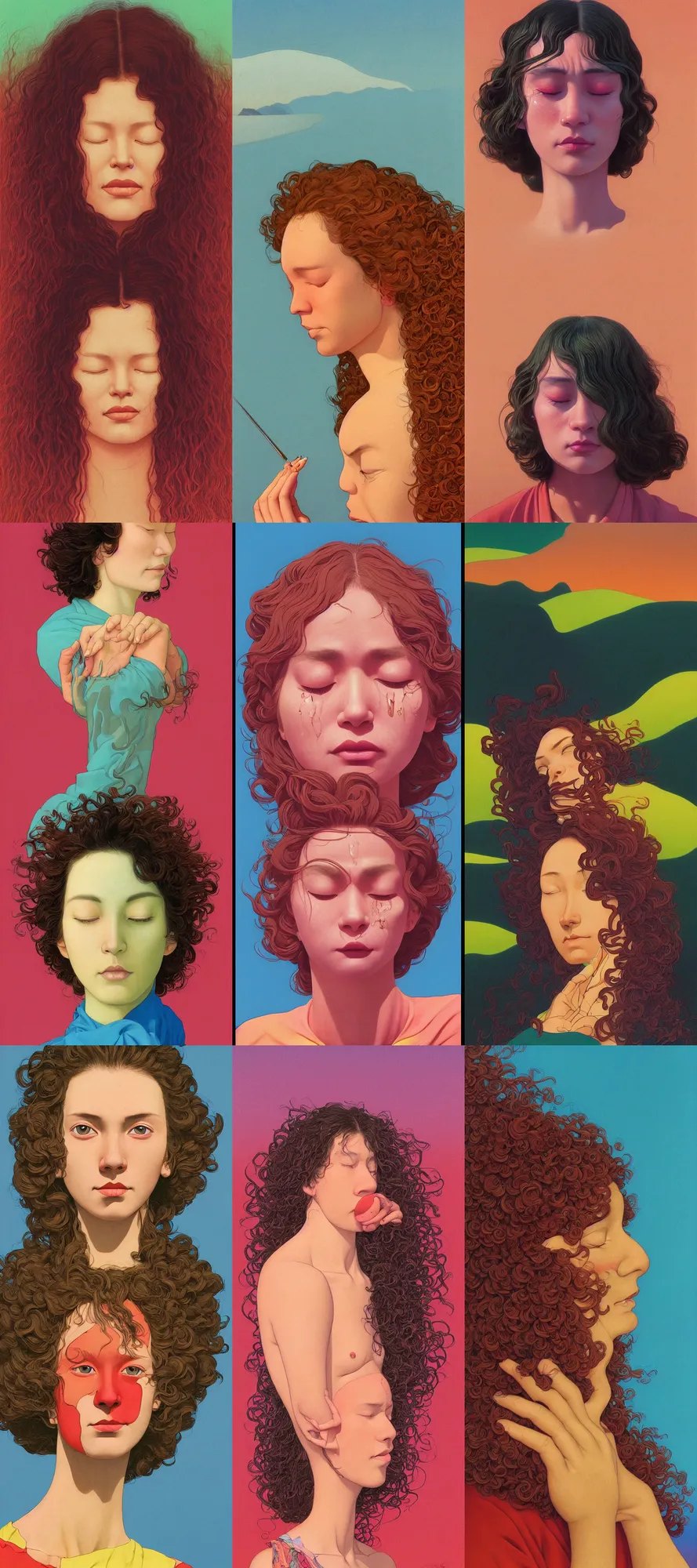Prompt: a colorful vibrant closeup portrait of a simple caucasian woman with curly mid length brown hair with a calm afraid aesthetic face crying a single tear and dreaming psychedelic hair, by kawase hasui, moebius, edward hopper and james gilleard, zdzislaw beksinski, steven outram colorful flat surreal design, hd, 8 k, artstation