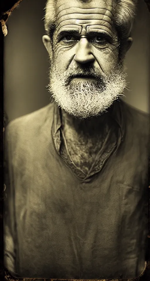 Image similar to a highly detailed digital collodion photograph, a portrait of a grizzled old man who kind of looks like Mel Gibson