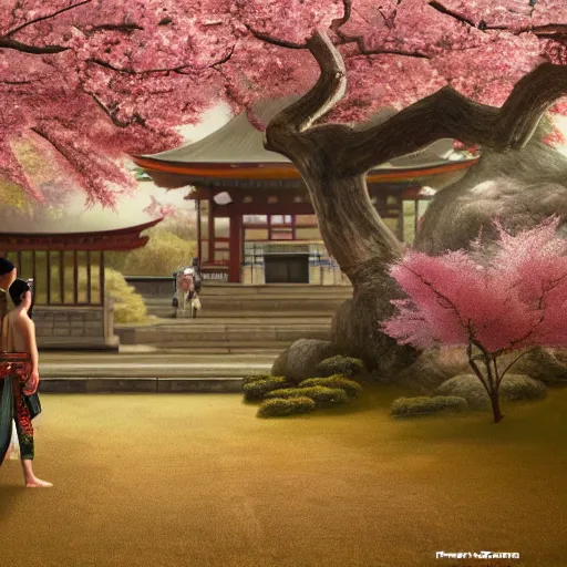 Image similar to samurai, cherry blossom, japanese temple, landscape, wide angle, digital art, irina french, heraldo ortega, mandy jurgens, golden ratio, art canvas, award winning, masterpiece trending on artstation 8 k 1 5 0 mpx