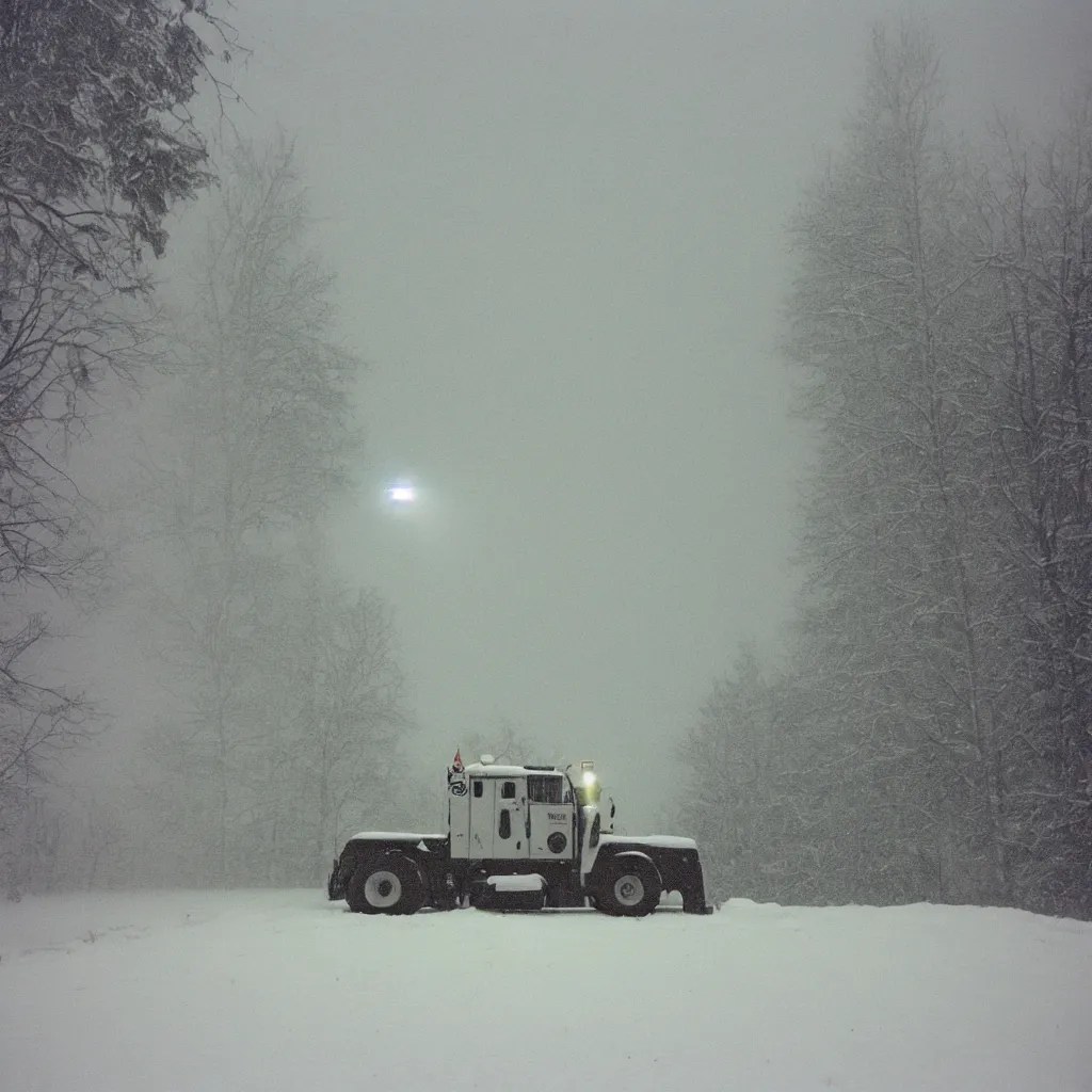 Image similar to photo, big snow plow truck is in the distance with a bright headlighta. cold color temperature, snow storm. hazy atmosphere. humidity haze. kodak ektachrome, greenish expired film, award winning, low contrast,