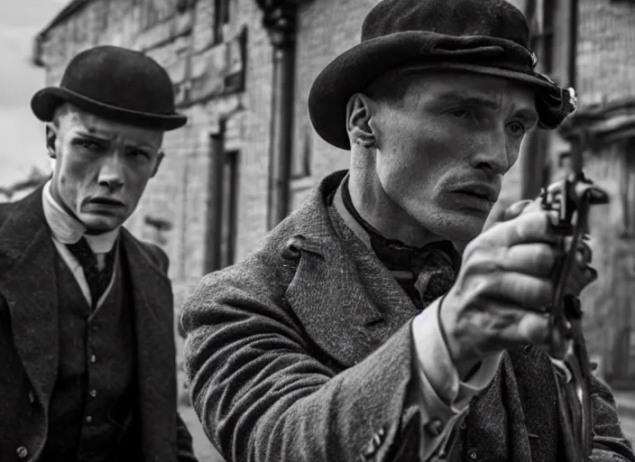 Prompt: an action scene from peaky blinders, medium long shot, cillian murphy and tom hardy, sharp eyes, serious expressions, detailed and symmetric faces, black and white, cinematic, epic,