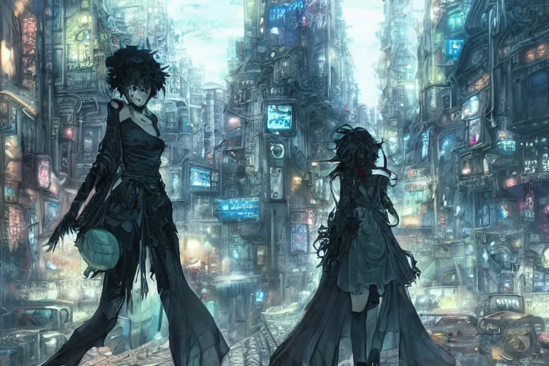 Image similar to goth woman in front of city, color page, tankoban, 4 k, tone mapping, akihiko yoshida, james jean andrei riabovitchev marc simonetti, yoshitaka amano, long hair, curly, h. hydrochaeri